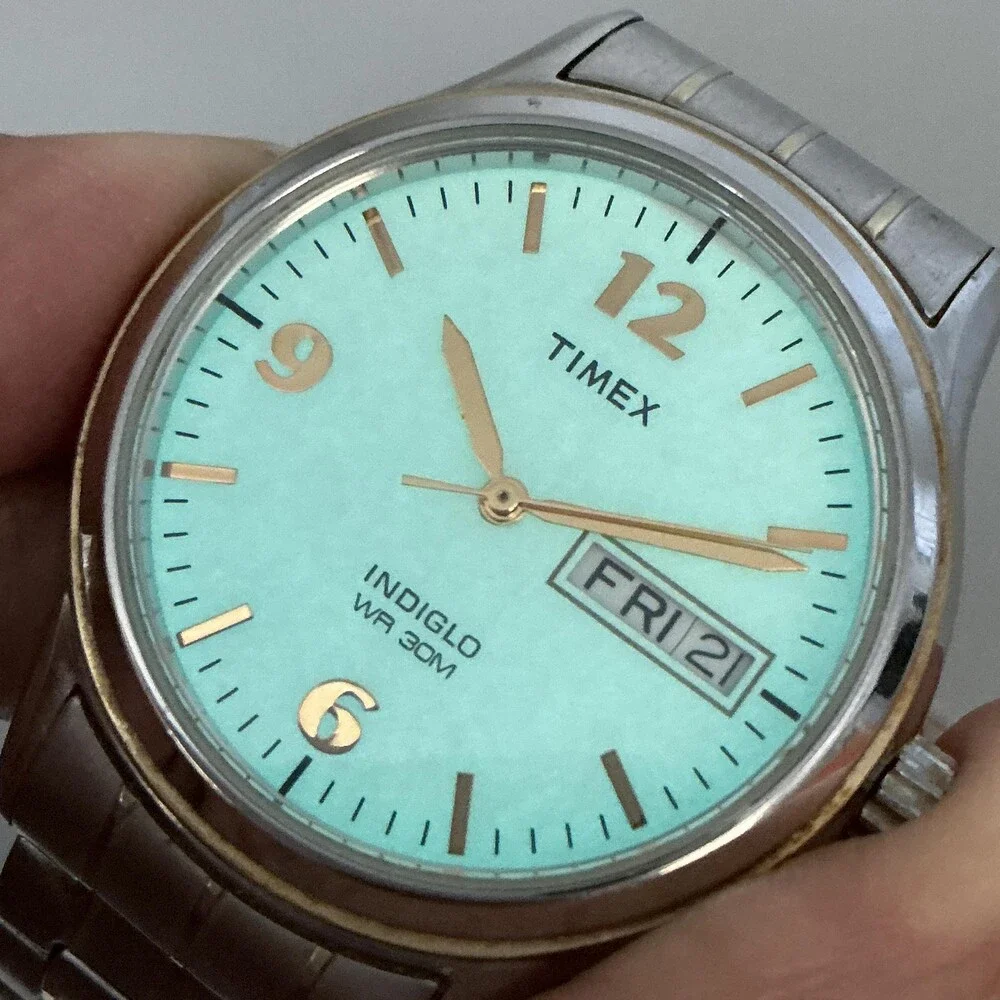 Timex Indiglo WR 30M Mens Watch 35mm White Dial Two Tone Bracelet New Battery